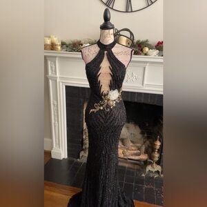 One of a kind beaded black prom dress, formal evening gown, black wedding dress